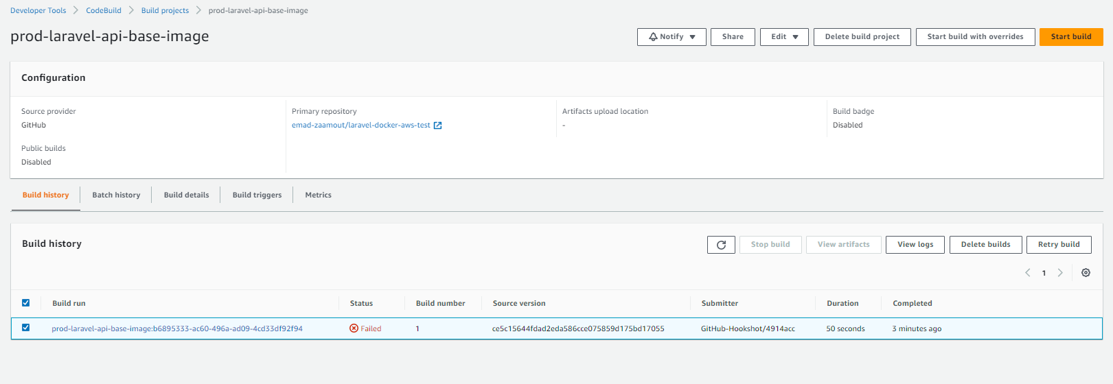 aws codebuild trigger error