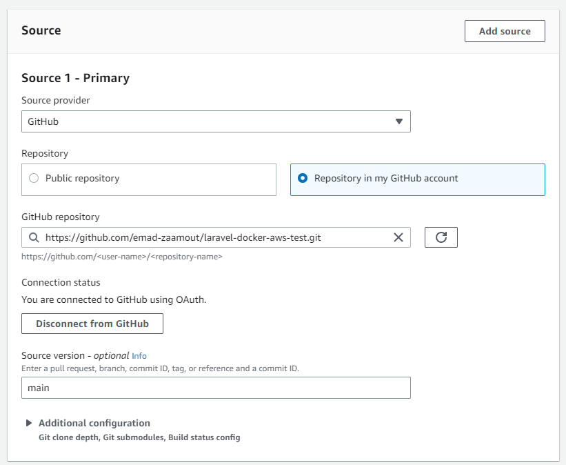 aws codebuild select source github