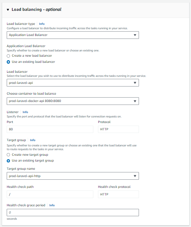 aws task definition deploy service with load balancer options